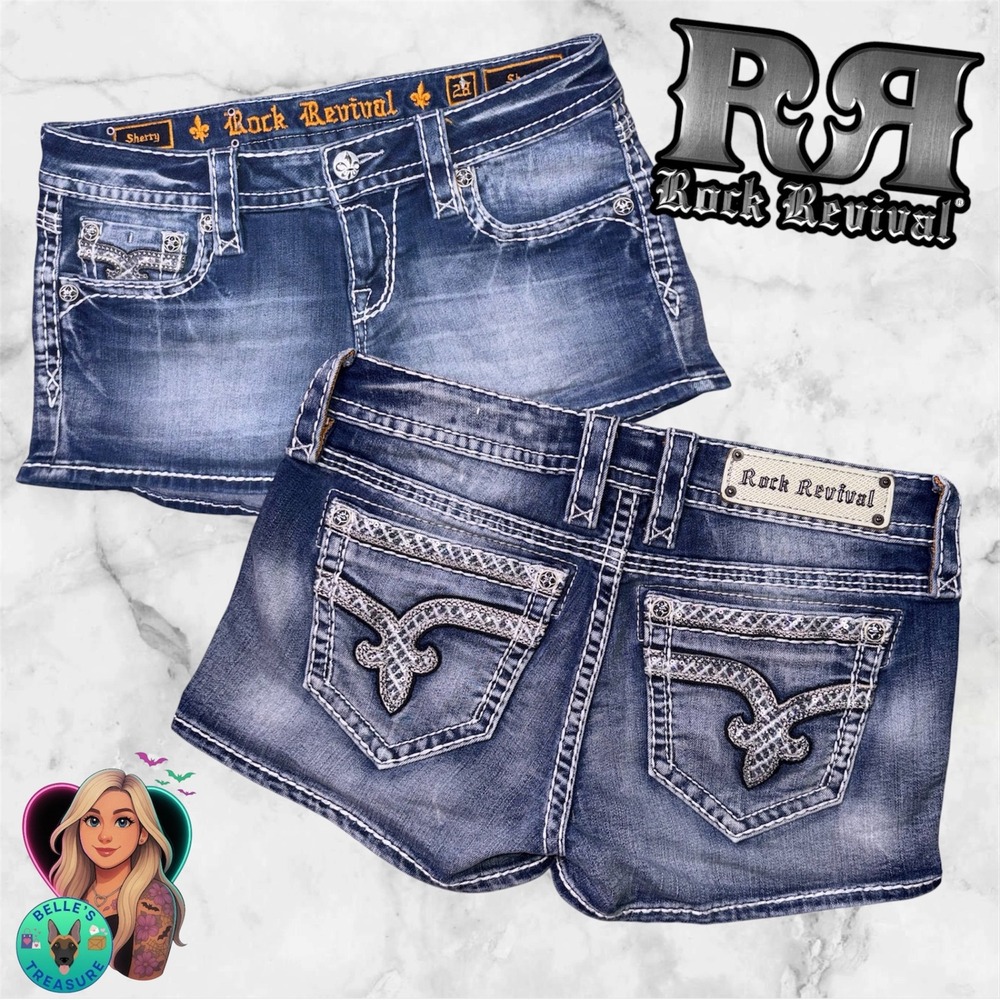 Rock Revival Women's 28‎ Sherry Shorts Sequin Fleur De Lis Jean Jorts Low Rise